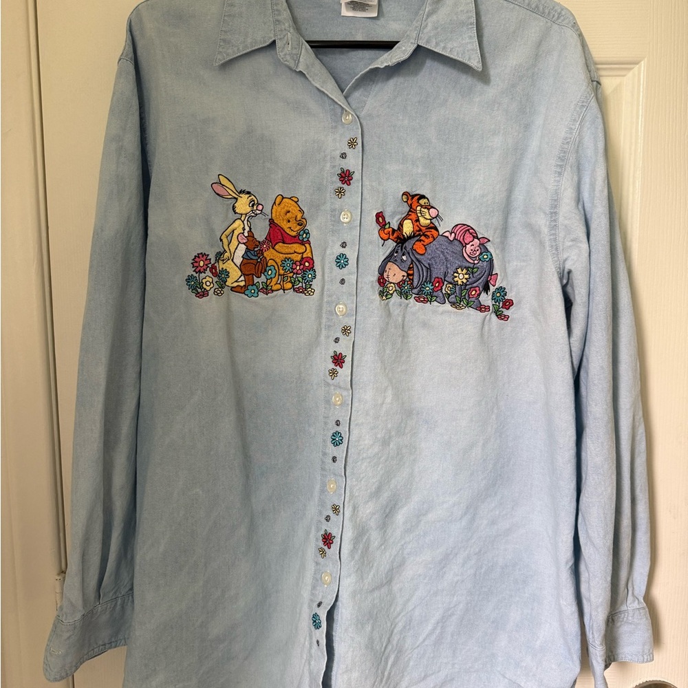 Vintage 90s Disney Winnie the Pooh Embroidered Denim Shirt | Made in Hong Kong - Picture 2 of 4